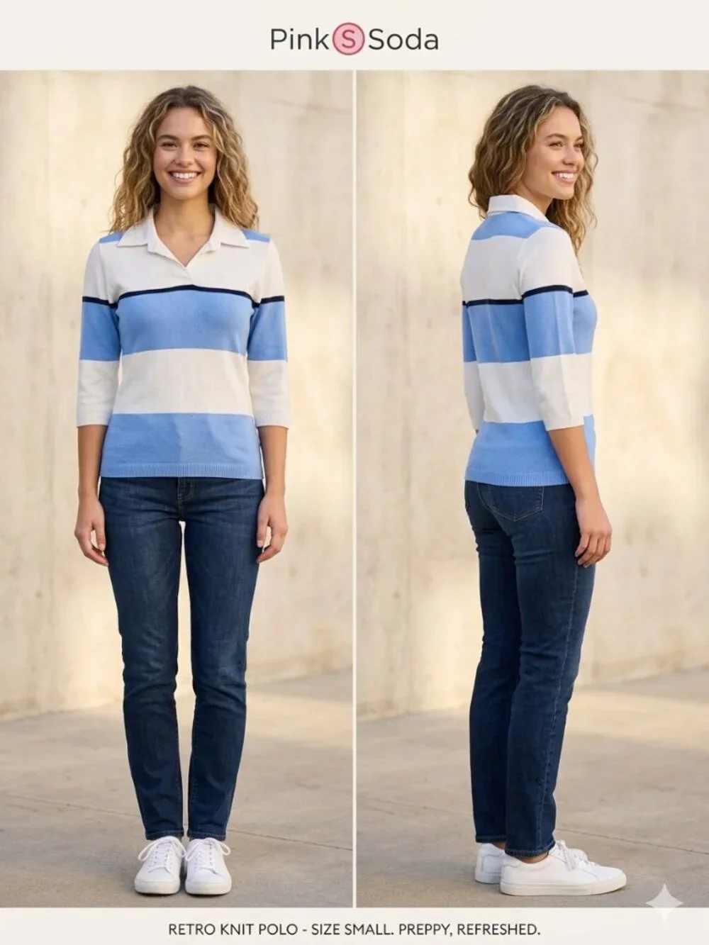 Pink Soda Retro Striped Knit Top Blue White Y2K Preppy Polo Collar 3/4 Sleeve - Picture 1 of 6